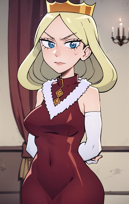 1girl, (red bustle dress:1.4), <lora:hillingLora_hillingV1:0.8>, crown,  white gloves, tight, long dress, red dress, blue eyes,  arms behind back, fur collar,