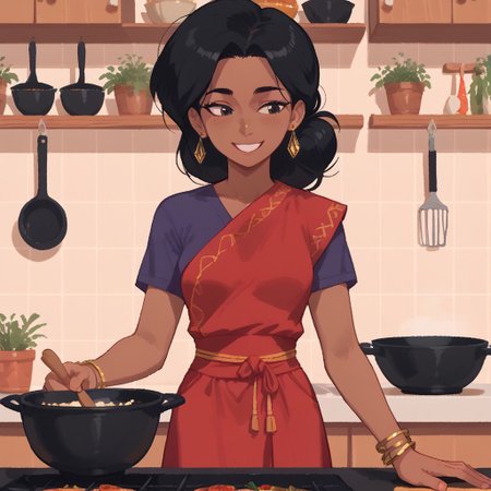 score_9, score_8, score_7, break, venba, dark-skinned female, earrings, black hair, bindi, bracelet, short sleeves, purple shirt, red sash, skirt, kitchen, cooking, smile