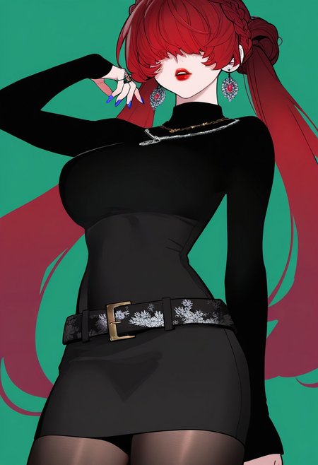 masterpiece, best quality, very aesthetic, high resolution, ultra-detailed, absurdres, newest, extremely detailed eyes, beautiful, perfect lighting, hi res, amazing quality, NEWTRVL_ST, 1girl, solo, long hair, breasts, simple background, long sleeves, dress, twintails, jewelry, braid, pantyhose, red hair, cowboy shot, earrings, belt, necklace, nail polish, black dress, fingernails, sleeves past wrists, makeup, turtleneck, floral print, ring, lipstick, blue nails, green background, red lips, hair over eyes, crown braid