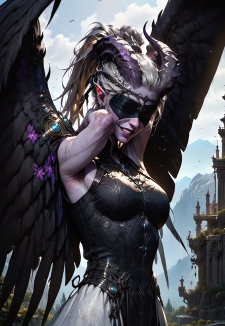 (absurdres, best quality, masterpiece:1.4), 
score_9, score_8_up, score_7_up, score_6_up, 
detailed, 
detailed body, 
detailed face, 
fantasy, 

female, 
tiefling, 
h0rns, 
ram horns, 
black horns, 
tall, 
((((purple skin)))), 
((long grey hair, ponytail)), 
(((wingsd, black wings))),

stretching, 
soft smile,

(white robe, sleeveless, 
blindfold, black cloth blindfold), 

depth of field, 
outdoors, 
mountain temple, 
upper body
