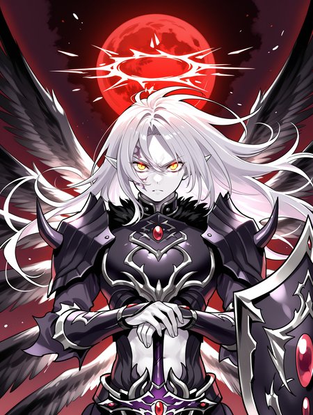 1boy,male focus,the first darklord,solo,looking at viewer,black shield,holding black shield,closed mouth,red halo,white skin,facial tattoo,navel,upper body,midriff,sketch,angel,black angel wings,black armor,black breastplate,black pauldrons,black vambraces,multiple wings,dark theme, purple sword, hands on hilt, floating hair, parted lips, red moon, glowing eyes, serious, 
masterpiece,best quality,amazing quality,very aesthetic,absurdres,newest,<lora:The first DarkLord illusXL v1:0.77>,<lora:wai-2Rectified-V140:0.7>,