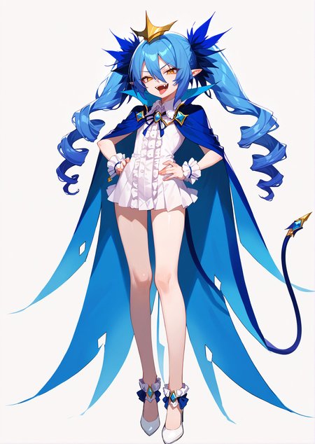 score_9,score_8_up,score_7_up,masterpiece, best quality, <lora:WHM 0.2v:0.5>, WHM, 2D,anime, 
 1girl, lewisia, bangs, blue hair, crown, drill hair, fangs, hair between eyes, long hair, pointy ears, twin drills, twintails, yellow eyes, tongue out, fangs, tail, blue cape, white short dress, frills, white high heels, hands on hips, standing, full body, smile, standing, looking at viewer, solo, simple background, white background <lora:LewisiaXL_byKonan:1>