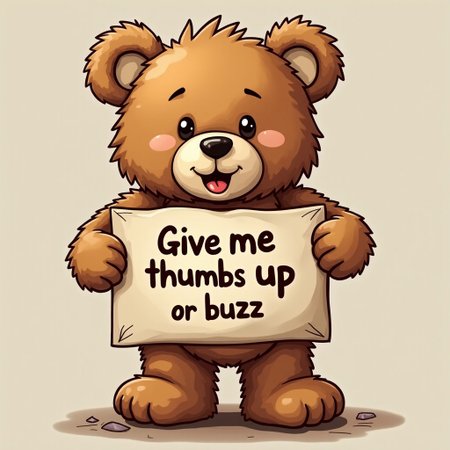 cute teddy bear holding a sign  it says "give me thumbs up or buzz"