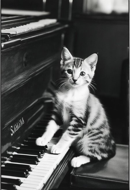 Kitten using tiny paws to press ivory keys on an old grand piano, tail swaying to unseen melodies, concentrated gaze, beloved feline playing music, black and white image, real, vintage style, ambient lighting, focused foreground, blurred background, timeless moment, high contrast, monochrome, grainy texture, film emulation, 35mm.