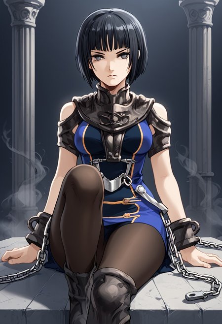 score_9,score_8_up,score_7_up,source_anime,5_figner,2d_animation,game cg,BREAK,1girl,solo,
Millennia,short hair,bob cut,black hair,lunt bangs,knee boots,chain,pantyhose,belt,short dress,bluedress,expressionless,weapon,armor,cuffs,handcuffs,sitting in a chair,
medium breast,upper bodt,
indoor,underground Palace,black smoke,
masterpiece,best qualit,ultra-detailed,illustration,an extremely delicate and beautiful,beautiful detailed eyes,unity 8k wallpaper,high resolution,anime CG,official_art,