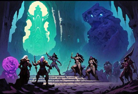 Dark vaporwave color palette, Fantasy painting, masterpiece by frank frazetta, androgynous, dungeon_party, group, muscular, fetish, fantasy masterpiece, a party of beautiful adventurers exploring an ancient dungeon, cyberpunk, vaporwave, arcane ruins