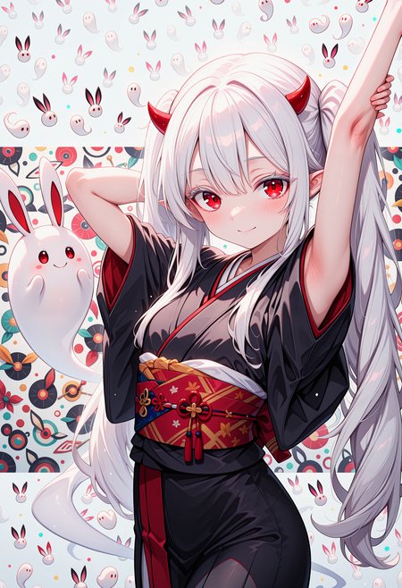 (glow:1.1), masterpiece, best quality, (very aesthetic:1.0), 1girl, solo, (yuki_usagi:1.0), slim, (adult:1.2), tall, mature, flat_chest, long_hair, red_eyes, twintails, white_hair, small horns, (pointy_ears), albino, japanese_clothes, black_kimono, obi, sash,  (perfect detailed white eyelashes:1.3), (wide gentle smile:1.0), closed mouth, (white theme, colorful abstract rabbit ghost background, intricate patterns:1.3), standing, stretching arms, arm behind head, (confident pose:1.0), leaning back, step forward, (cowboy shot, side-view, from side:1.2), close-view, looking at viewer, perfect anatomy, perfect hands, <lora:IL\best\reij-detaILer>, <lora:IL\best\reij-detaILer>, <lora:IL\Z1Char\Yuki-Usagi_SDXL:0.9>, <lora:Pony\Best\cfg_scale_boost:0.2>