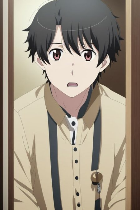high resolution, solo, best quality, 1Boy, Inaho Kaizuka, Black Hair, surprised, peeking out, OverallDetail