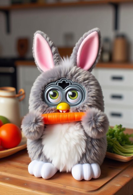 Photograph of a Furby plush toy, designed to look like bugs bunny, in a kitchen, eating a carrot.