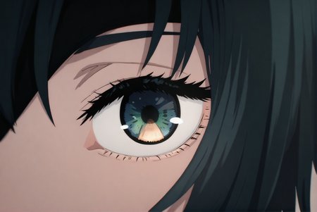 eye focus,black hair,himeno (chainsaw man),solo,1girl,close-up,eyepatch,eyelashes,blue eyes,looking at viewer,reflection,green eyes,eye reflection,short hair,
masterpiece,best quality,amazing quality,very aesthetic,highres,absurdres,<lora:Chainsaw man animation style-NOOB05-lokr>,