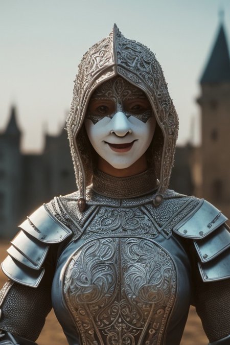 (masterpiece), (extremely intricate:1.3), (realistic), 5caryma5k, clown mask, portrait of a girl, the most beautiful and dark in the world, (medieval armor), metal reflections, upper body, outdoors, intense night, far away castle, professional photograph of a stunning woman detailed, sharp focus, dramatic, award winning, cinematic lighting, octane render, unreal engine, volumetrics dtx, (film grain, bokeh, blurry foreground, blurry background), crest on chest