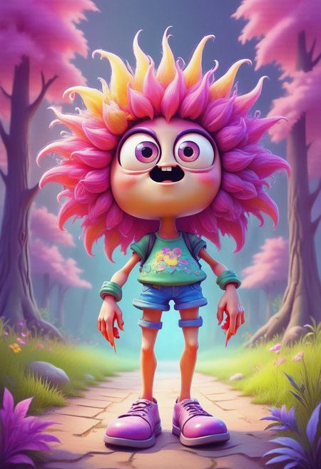 a funny hairy shaggy long-legged creature with huge eyes, a long bubbly nose, short legs and very long colorful nails (pstlCE_style,  Jedtoon,cartoon)
