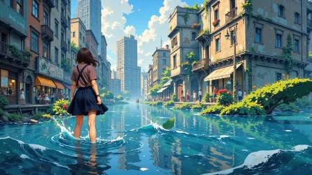 a flood in a city beautiful  anime landscape, noon, woman, very intricate, very detailed, sharp, bright, colorful, <lora:Hand v2:0.5> <lora:Anti-Blur:1><lora:Insane Detail Slider:0.25>  <lora:flux.1_lora_flyway_Epic-detail_v2:0.3> <lora:fluxenhancer:0.25> <lora:ROWER:0.6> <lora:Niji Anime Scenic:0.8>