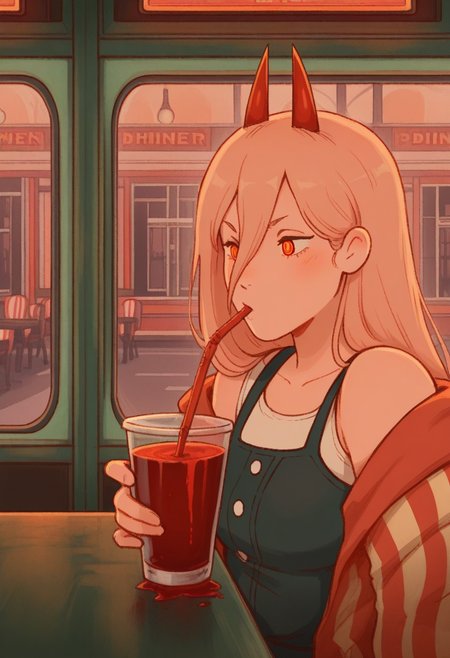 WhimsiFantasystyle,  masterpiece, best quality, solo,  power \(chainsaw man\),  red horns, drinking blood smoothie, straw, street, seated in diner, warm colors, window, 
