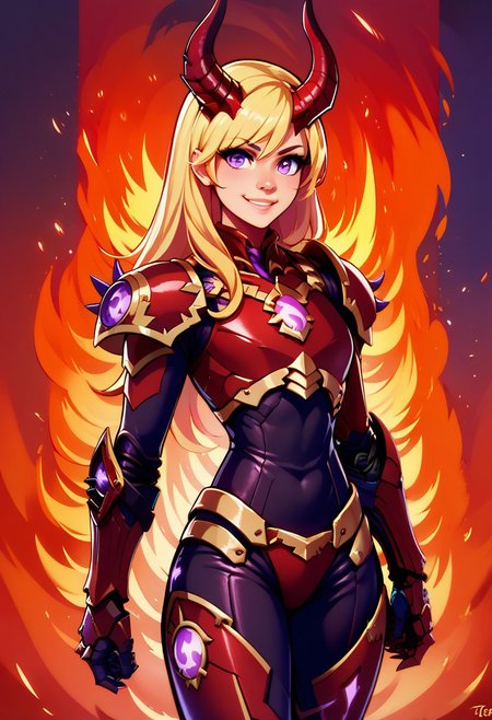 score_9, score_8_up, score_8,  
Khrn, 1girl, solo, long hair, looking at viewer, smile, blonde hair, purple eyes, cowboy shot, horns, armor, cosplay, gauntlets, prosthesis, power armor, fire background,