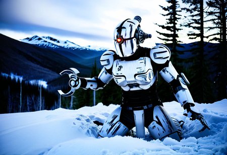 easynegative, extremely detailed, dark, chiaroscuro, low-key, AssaultronCosplay, zavy-strps, a white assaultron robot, ((the assaultron has grey stripes painted on its armor)), ((tiger stripe pattern)), in the mountains of Alaska, snow