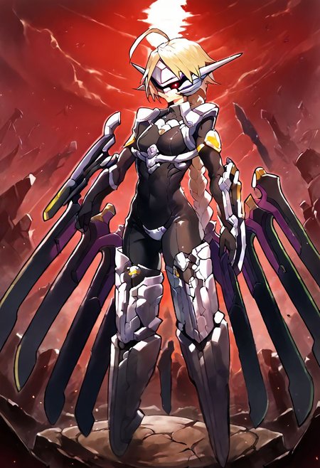 score_9_up, score_8_up, score_7_up, Score_6_up, Score_5_up, Score_4_up, source_anime, (masterpiece, perfectly detailed, detailed face, detailed eyes, beautiful eyes), (ultra HD quality details), 8K, extremely detailed, highres, Mevak_PS, lambda-11, blonde hair, ahoge, red eyes, single braid, ahoge, armor, battle damage, black bodysuit, blonde hair, bodysuit, braid, breasts, broken armor, broken eyewear, covered eyes, covered face, crotch plate, falling rock, floating, floating object, floating sword, floating weapon, groin outline, hair weapon, incoming hug, long hair, mecha musume, one eye covered, pauldrons, red eyes, red sky, ruins, shoulder armor, single braid, sky, small breasts, solo, sword, torn clothes, very long hair, visor, weapon