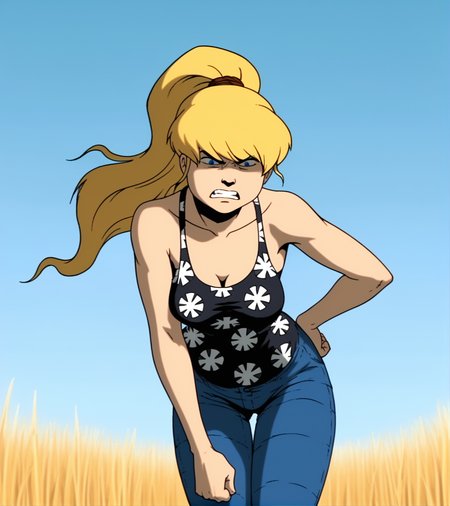 score_9, score_8_up, score_7_up,
1girl, solo, JulieWinters, 
angry, teeth, clenched fists, jeans, closed hands, black floral print shirt, standing, leaning forward, 
blue sky, outdoors, outback, grass, 
cartoon, source_cartoon, 1990s_(style)
<lora:Julie_Winters:1>
