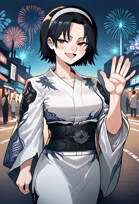 score_9, score_8_up, score_7_up, score_9, score_8_up, score_7_up,Masterpiece,HD,(((HD quality))), (((ultra quality))), hyper ultra detailed, hyper ultra quality, chibi,
street background,technology street,futuristic background,fireworks,
1girl, smile, open mouth, blushing cheeks,
waving hand, waving hand,open eyes,
BREAK
jun kazama, jun kazama \(tekken\), belt,  
short hair, black hair, 
hairband, black brown eyes,
kimono, white kimono,