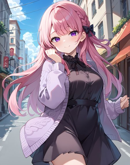 mikeneko, mikeneko_original, pink hair, long hair, purple eyes, braid, hair bow,  mikeneko clothes, black shirt dress, petite body, purple cardigan, open cardigan, black neck ribbon BREAK outdoors,city street, night BREAK sexy pose, looking at viewer, sexy face, sexy smile, cowboy shot, dynamic pose, BREAK score_9, score_8_up, score_7_up, source_anime ,zPDXL, perfect hand,<lora:Mikeneko:0.8>