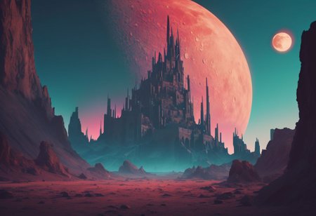Style of Mike Winkelmann aka Beeple, moon landscape with a stark, towering fortress