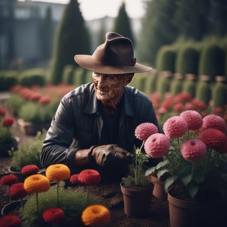 cinematic photo a man with a hat is gardening flowers <lora:FreddyKrueger1024:0.8> . 35mm photograph, film, bokeh, professional, 4k, highly detailed