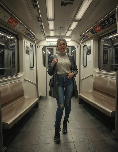 A modern subway train,Subw4y tr41n, in motion, with a single woman standing near the center of the train car, holding onto a shiny metal pole for balance as the train glides along the tracks. The woman is dressed casually yet stylishly, wearing a long black coat over a beige turtleneck sweater, paired with slim-fit jeans and ankle boots. Her hair is neatly tied back into a low bun, with a few loose strands framing her face. She has a thoughtful, calm expression, her gaze directed slightly downward as if lost in her own world. In her other hand, she holds a small tote bag, its strap looped over her wrist, with a paperback book peeking out from the top.
The subway car is clean but shows subtle signs of daily use. The walls are lined with muted gray panels, and the seats along the edges of the car are upholstered in a dark blue fabric, slightly faded from wear. Overhead, fluorescent lighting casts a bright, even glow across the interior, causing faint reflections on the polished floor, which is marked with the occasional scuff from commuters' shoes. Metal grab handles hang from above, gently swaying with the trainâs movement, and shiny steel poles are strategically placed throughout the car.
The windows on both sides reveal a blurry, motion-filled view of the dark subway tunnel, interspersed with flashes of graffiti-covered walls and dim utility lights. Above the windows, digital displays show the next stop in bright LED text, along with a route map that runs the length of the car. Small advertisements are mounted on the walls, showcasing everything from city events to product promotions, some with vibrant colors that add subtle contrast to the neutral tones of the train.
The atmosphere feels still and introspective, with the soft hum of the train and the occasional squeal of the wheels on the track. The train is sparsely occupied, with a few empty seats and subtle details like a forgotten coffee cup on one bench and a folded newspaper lying on the floor. The overall mood is quiet and reflective, capturing a moment of solitude and thoughtfulness during an ordinary subway ride.<lora:SDXLFaeTastic2400:0.4> <lora:extremely_detailed:0.4> extremely detailed, <lora:Subw4y_tr41n:1>, Masterpiece,best quality,hi res,8k,hi res,8k,award winning,(sharp focus, intricate, highly detailed),