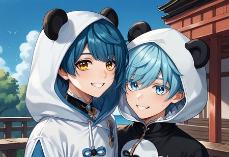 score_9, score_8_up, score_7_up, source_anime, highly detailed, 2boys,
Chongyun, 1boy, male focus, light blue hair, short hair, hair between eyes, bangs, blue eyes, BREAK
Xingqiu, 1boy, male focus, dark blue hair, bangs, short hair, yellow eyes, BREAK
outdoor, sky, oriental, 
animal hood, panda hood, hood up, panda, smile, upper body,