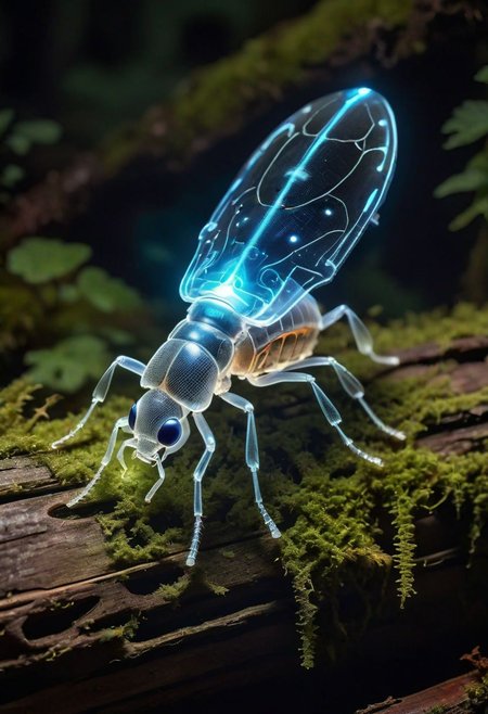 Glowing transparent insect, fused with mushroom, forest, on a mossed log
