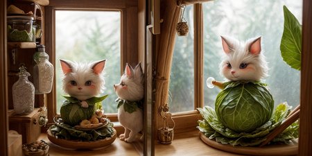 (a refrigerator door open)(fluffy, magical creatures ) Fantasy artwork with the refrigerator door open, its contents in disarray. Inside, two fluffy, magical creatures are present. One, wrapped in a cabbage leaf, looks at the viewer while shivering; the other stands next to a milk jug, making faces at its reflection in the glass. The scene captures the whimsical and fantastical nature of this miniature world, with detailed and realistic depictions of the food items, <lora:xl_more_art-full_v1:0.8> <lora:SDXLFaeTastic2400:0,6>