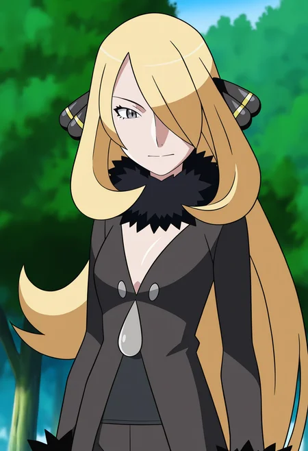 (watanabe akio:0.6), monogatari \(series\), promotional art, highres, absurdres, newest, masterpiece, best quality,
BREAK
1girl, cynthia \(pokemon\), blonde hair, hair over one eye, very long hair, grey eyes, eyelashes, hair ornament,
black coat, fur-trimmed coat, pants, shirt, fur collar, long sleeves, 
outdoors, forest, blue sky,  <lora:CynthiaIllustriousXL_byKonan:1>