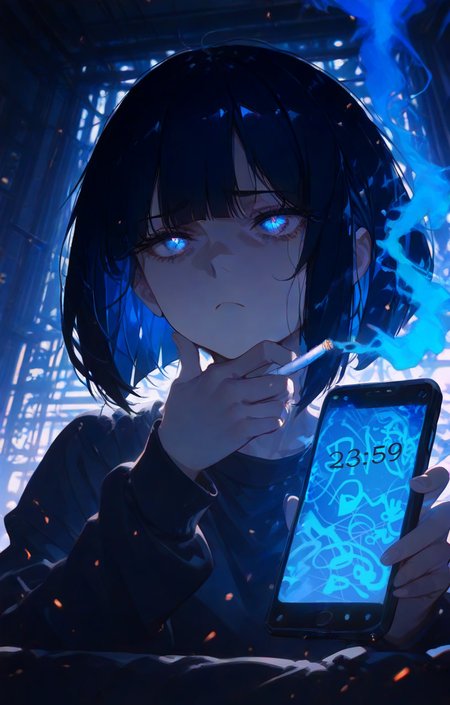 masterpiece, best quality, newest, absurdres, highres, safe, 
(1girl),(casual style, urban setting, modern aesthetic:1.3),
(moody and atmospheric lighting:1.4),
(dark color palette, deep shadows, neon reflections),
(black and cyan contrast:1.3),
(black and cyan hair, sleek bob cut, sharp bangs:1.5),
(cold and tired expression:1.3),
(slight frown, disinterested, exhausted eyes:1.4),
(looking at phone, mild frustration),
(rakus from below, upward perspective:1.5),
(hand resting under chin, slightly lazy posture),
(dimly lit city background, faint neon lights, smartphone screen glow on face),
(holding smartphone with relaxed grip, checking messages, subtle reflection in phone screen),
(soft cyberpunk-inspired lighting, muted blue and gray tones),
(wisps of glowing blue mist rising:1.5),
(ethereal neon-blue mist drifting upwards, pulsating glow),
(faint blue reflections on face from the mist),
(extraordinary lighting effects, cinematic composition, high-contrast atmosphere).