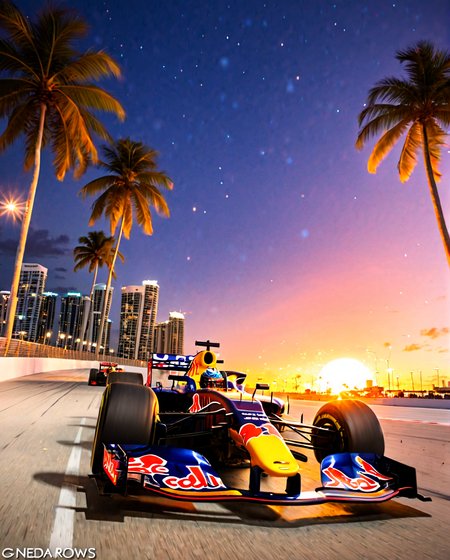 artstyle_by_neda, sharp, sunset, GP Racing cover photo of a high-performance Formula 1 Redbull race, Radiant Darkness, 5 Formula1 cars aligned, Formula One racetrack , dynamic, action packed, motion blur, Miami, Palm street,  Speeding down the formula one circuit, the Miami skyline glistening against the backdrop of a fiery sunset:1.4. , bright lights, ultra-detailed, movie still, ultrawide, glowing lights, beautiful magical sparkles, vibrant whimsical colors <lora:Neda_Sadreddin_Art_Style:1>