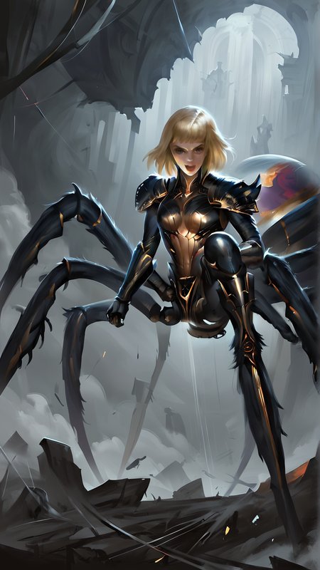 <lora:4r4chn1dPony:0.65>, score_9, score_8_up, score_7_up, score_6_up, score_5_up, score_4_up, closeup of 4r4chn1d, fantasy concept art, digital art, oil painting, realistic, detailed face, solo, arachnid, man desktop wallpaper, official_wallpaper, atmospheric, warrior, (screaming:0.6), combat stance, holding a weapon,  blonde hair, Asian skin, Bob cut, in location cloud laboratory, (Masterpiece:1.3) (best quality:1.2) (high quality:1.1)