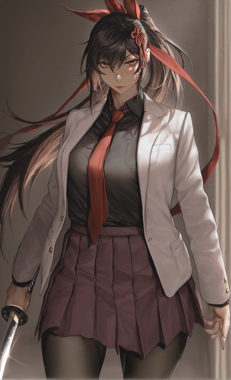 IllusP0s, Smooth Quality,
black hair, black pantyhose, black shirt, white blazer, open jacket, breasts, brown eyes, brown hair, collared shirt, hair ornament, hair ribbon, hayurizahardv3, 1girl, katana, long hair, looking at viewer, necktie, pleated skirt, ponytail, portrait, red eyes, red necktie, shirt, solo,
(watanabe wataru:0.75), (au \(d elete\):0.4), (lulu95402099:0.6),
<lora:HaYuriZahardV3:0.8>
<lora:watanabe_wataru:0.75>
<lora:Au_(D_Elete)-ill-Fandingo:0.4>
<lora:cfg_scale_boost:0.5>
<lora:lulu-e62_s930:0.66>