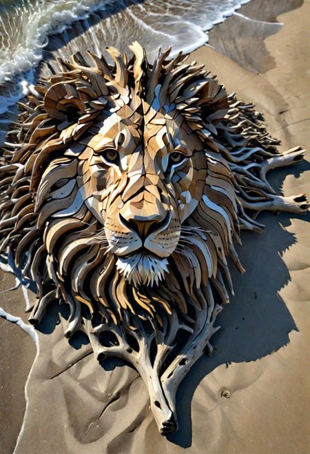 (drift wood washes up on the shore, all the tiny parts of drift wood form together to create a perfect  shape of a Driftwood Lion on the shore), abstract, 3d render, strong, insanely intricate details, (masterpiece), breathtaking natures art work