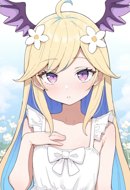 masterpiece,best quality,amazing quality,
1girl, virtual youtuber, solo, hair flower, long hair, hair ornament, purple eyes, blonde hair, head wings, flower, white flower, dress, ahoge, looking at viewer, bangs, white dress, bow, parted lips, sleeveless, upper body, wings, multicolored hair, hand on own chest, white bow, blue hair, purple wings,
 <lora:Yaruki:1>