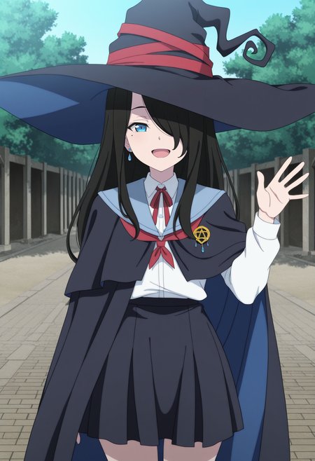 1girl,solo,mm,long hair,black hair,hair over one eye,mole under eye,earrings,blue eyes,anime coloring,
school uniform,neck ribbon,red ribbon,witch hat,cape,looking at viewer, waving, smile,open mouth, outdoors, cowboy shot, 
,masterpiece,best quality,amazing quality,<lora:Flan-Majo_no_Tabitabi:0.8>