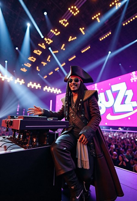 > A hyper-realistic image of Jack Sparrow on a grand concert stage, sitting confidently behind a high-tech computer system as if he's the DJ or visual artist. He's dressed in a richly detailed pirate costume with layered textures, leather accessories, and an iconic pirate hat, paired with modern Nike sneakers for a humorous twist. He wears sleek, reflective sunglasses and is laughing with charisma and charm. The stage is massive, filled with dazzling LED lights, laser beams, fog effects, and an excited crowd in the background.
To the side of the stage, there is a large illuminated billboard displaying the word “buzz” in bold, glowing letters, adding a modern pop culture element to the scene. The atmosphere is electric and cinematic, with dramatic lighting and shadows that highlight his unique presence. The composition is dynamic, with a mix of old-world pirate aesthetic and modern digital culture. Vibrant colors, crisp details, and a spectacular, immersive concept make the whole scene unforgettable.