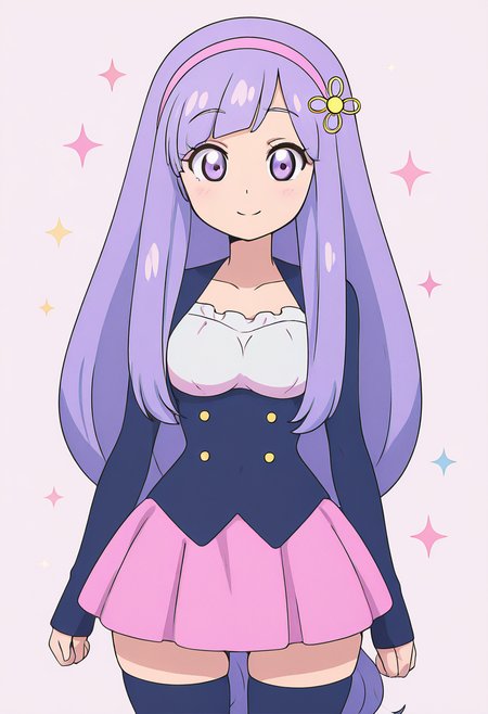masterpiece, best quality, solo, curvy, beautiful eyes, narrow waist, wide hips, 1girl, solo, smile, looking at viewer,    zzVioletta, purple eyes, purple hair, hair ornament, blunt bangs, long hair, low-tied long hair, pink hairband,   jacket, sleeves past wrists, pink skirt, black thighhighs, zettai ryouiki,   ,<lora:ViolettaByKurumiErika_IXL:1.0>,  , solo, looking at viewer, smile, k4w4iim1r41, cute outfit, pastel, <lora:KawaiiMirai_IXL:1.0>,
