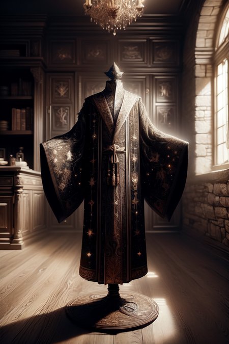 a wizard robe floating over a pedestal, masterpiece, best quality, hdr, 8k, dynamic pose, <lora:Mild detail adjusterV10:0.7>, <lora:more_details:0.3>,   <lora:wizardrope:0.6> Wizardrope <lora:typography-astrology-style-darquelilly-v1:0.7> typologyastrologystyle, prize at the end of the dungeon