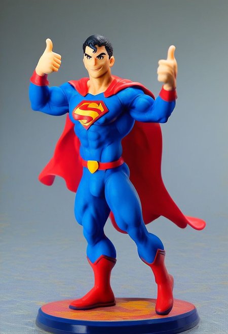 figure, 1man, muscular, uglylora,  Superman, muscular, thumbs up, ugly, camera full body shot angle, cute, epic world, vivid colors, detailed, studio room,