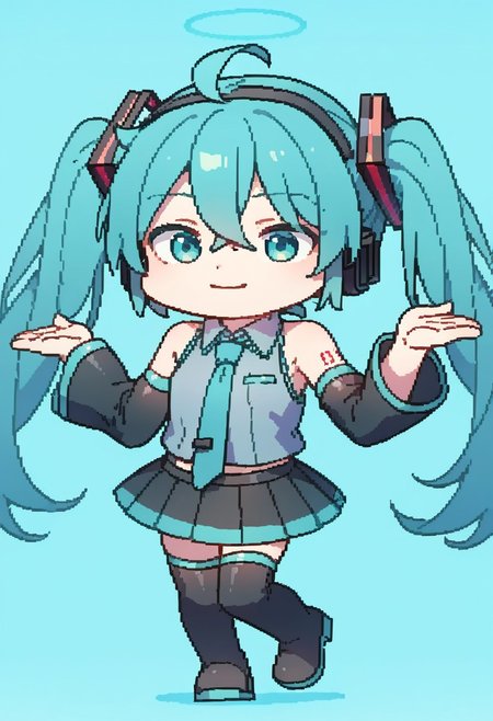 score_9, score_8_up, score_7_up, score_6_up, score_5_up, score_4_up, source_anime, miku hatsune, ahoge, aqua eyes, aqua hair, crossed bangs, hair between eyes, hair ornament, headphones, long hair, twintails, aqua necktie, black footwear, black skirt, black sleeves, boots, collared shirt, detached sleeves, grey shirt, necktie, pleated skirt, shirt, skirt, sleeveless, sleeveless shirt, thigh boots, tie clip, dancing, chibi,