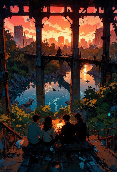 Instead of being positioned from behind, the camera now takes a dramatic aerial view, looking down at the group from above as they sit on the bridge, feet dangling over the edge. Below, the vibrant sunset reflects in the winding river, and the distant city lights begin to shimmer. Birds fly beneath them, and their shadows stretch long across the steel beams. The sense of scale is vast, making them feel small in the grand beauty of nature.
Anime art, Niji Stan Katayama Style