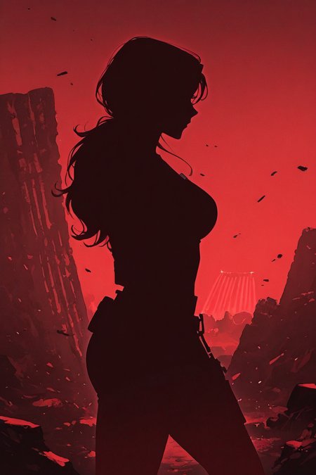 score_9,  masterpiece, best quality, amazing quality, very aesthetic, absurdres, newest, ultra-detailed, sharp focus, depth of field, dynamic composition, side view, cinematic shot, Lara Croft_\(tomb_raider\), 1girl, solo, cowboy shot, shooting a gun,  shooting bullet, action shot, dramatic pose, silhouette, ancient archeological ruins, red theme, red light scatter, suspenseful tension, poster aesthetics, dramatic shadows, c0mix, artist:moriimee