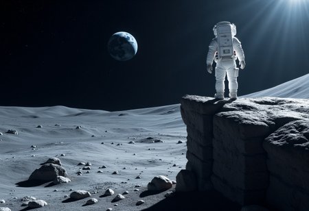 IMG_1017.CR2, astronaut ON THE EDGE OF A CLIFF ON THE MOON SURFACE,, WHITE MOON BOOTS,   low gravity environment,  Earth visible in the distant starry sky, dramatic lighting casting shadows, a sense of adventure and exploration, cool tones contrasted with the bright white suit, ultra-detailed, 4K resolution, expansive view of the cosmos, serene yet awe-inspiring atmosphere, focusing on the vastness of space and humanity's curiosity.