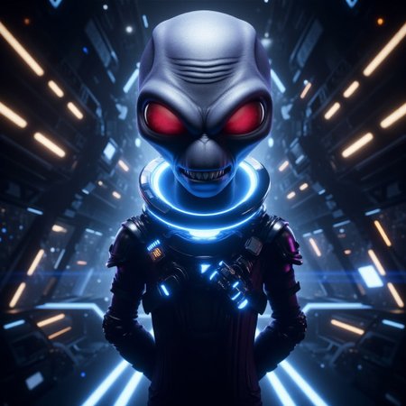 Crypto, grey alien, grey skin, red eyes, sharp teeth, spaceship background, neon blue glowing space suit, mad-neon-noir, full-length portrait, hands behind back, evil grin, looking down at viewer,