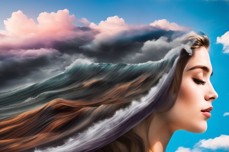 detailed skin texture, (photorealistic), (double exposure) close-up profile of beautifull young woman made out of water waves and ((clouds)), long hair,  , closed eyes, photorealistic, (glossy transparent lipstick), award winning photo, emotions,low light,(PhotoHelper), sun on face, ((relief)) face, (opened mouth), natural bright sky, low key