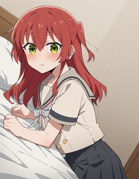score_9, score_8_up, score_7_up, source_anime,
kitaikuyo, <lora:ikuyo-kita-s1-ponyxl-lora-nochekaiser:1>,
ikuyo kita, green eyes, hair between eyes, long hair, one side up, red hair,
black skirt, grey sailor collar, pleated skirt, sailor collar, school uniform, short sleeves, shuka high school uniform, skirt,
indoors, bed, bed room, on side, blush, drunk,
cowboy shot, solo, dutch angle, looking at viewer,