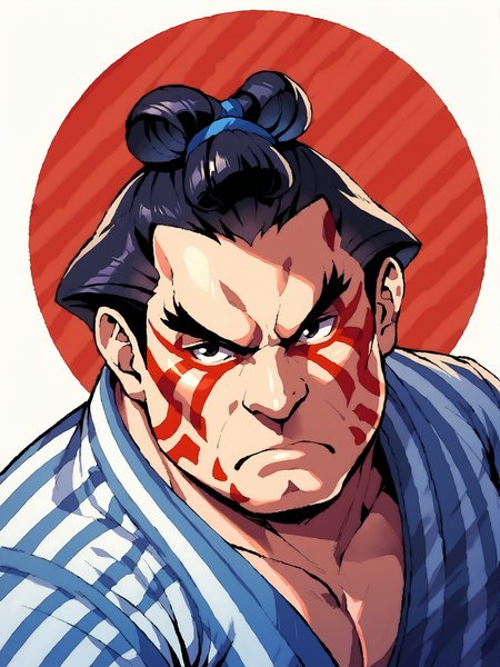 score_9, score_8up, score_7up, score_6up, score_5up, score_4up, abstract background, source_cartoon, rating_safe, BREAK
solo, mature male, 1boy, sf2ehonda, black hair, hair in bun, black eyes, red facepaint, fat, overweight, yukata, upper body focus, BREAK
 <lora:E._Honda__Edmond_Honda_-_Street_Fighter_-_PDXL:1>